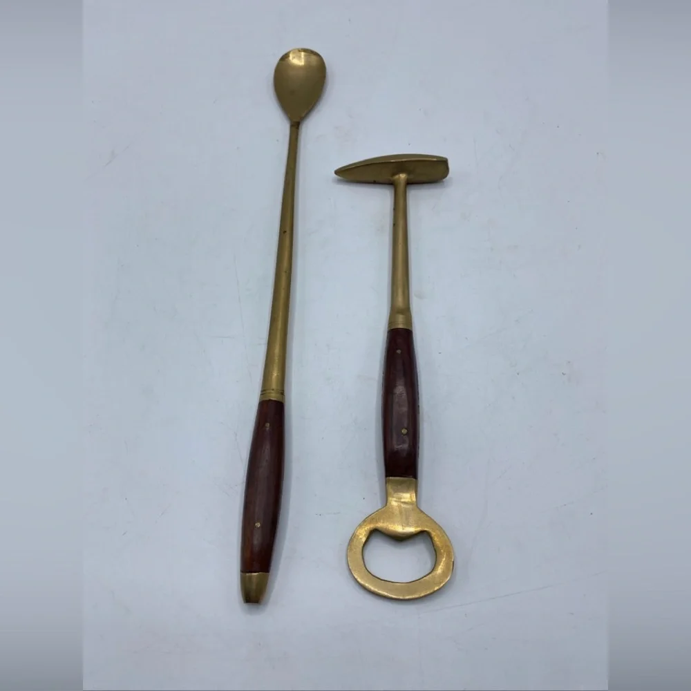 Vintage Brass Barware Bottle Opener Hammer /ice pick Wood Handle Stirring Spoon